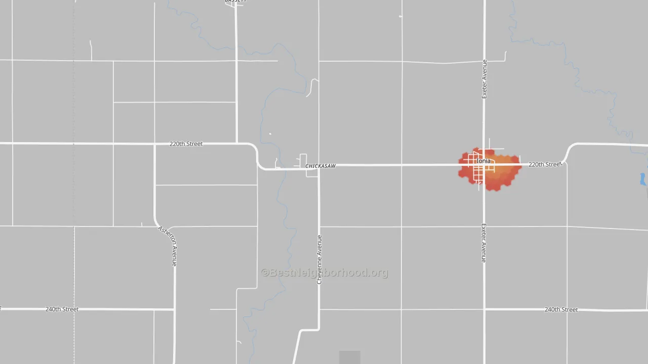 Walk Grade map of Chickasaw, IA, walkable areas in green and car-dependent areas in red