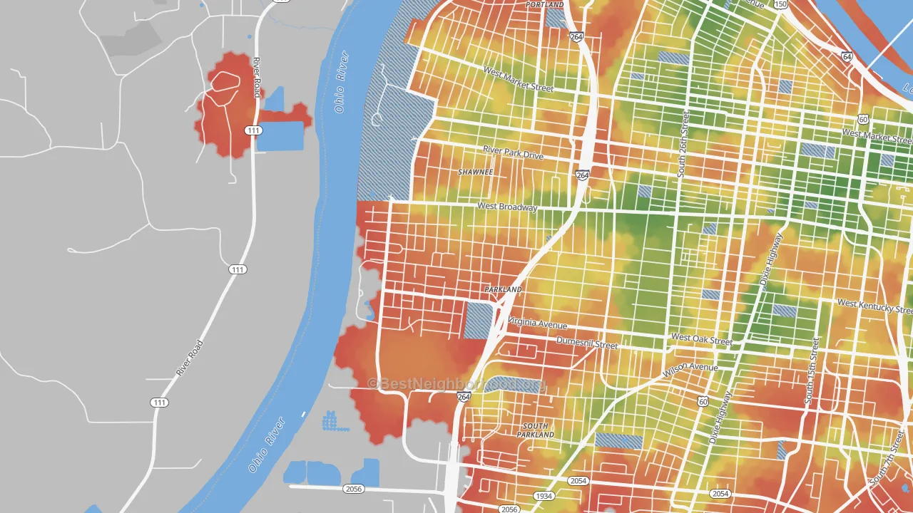 Walk Grade map of Chickasaw, Louisville, KY, walkable areas in green and car-dependent areas in red