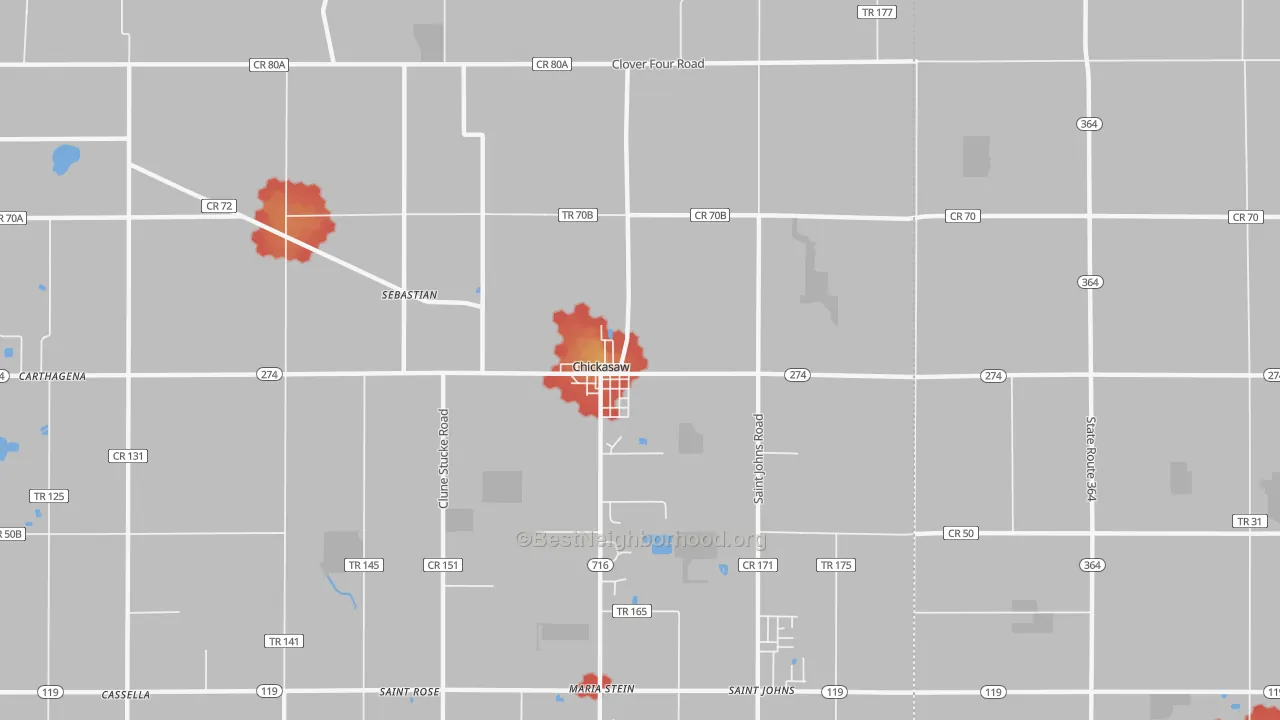 Walk Grade map of Chickasaw, OH, walkable areas in green and car-dependent areas in red