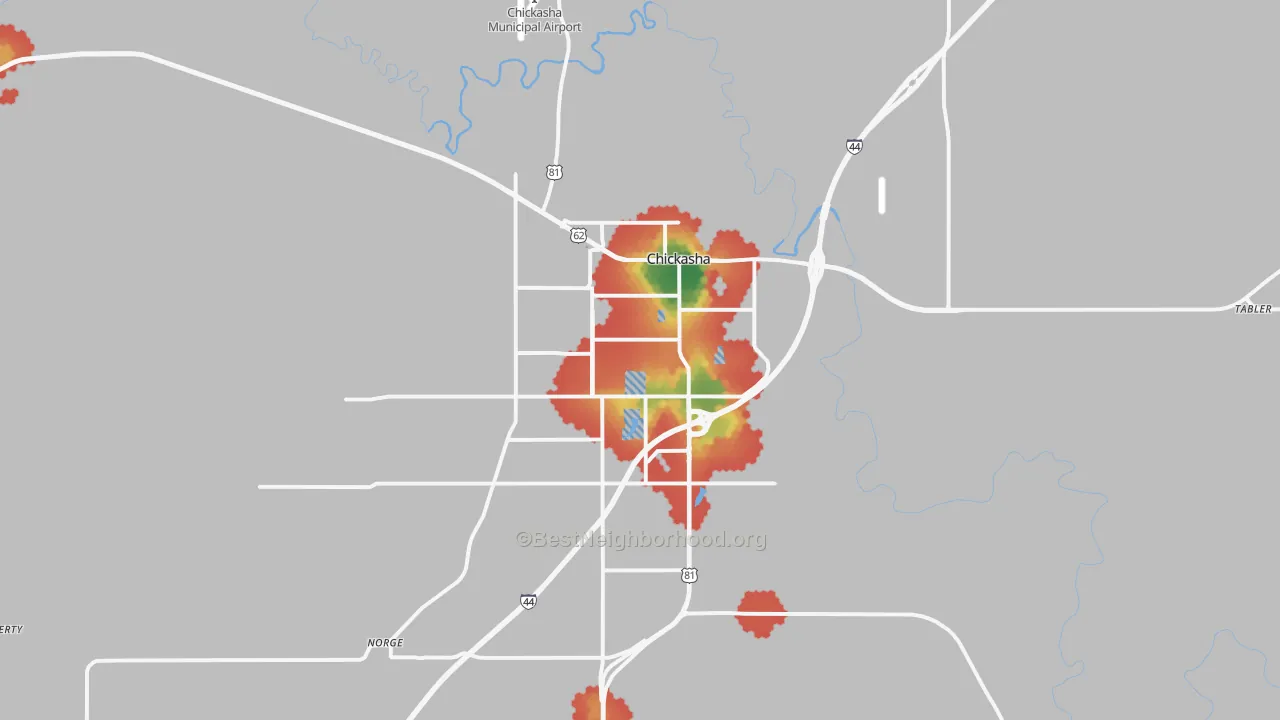 Walk Grade map of Chickasha, OK, walkable areas in green and car-dependent areas in red