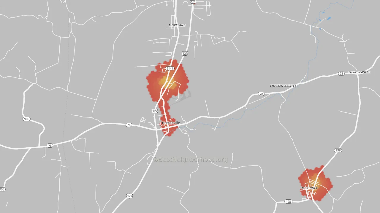 Walk Grade map of Chicken Bristle, KY, walkable areas in green and car-dependent areas in red