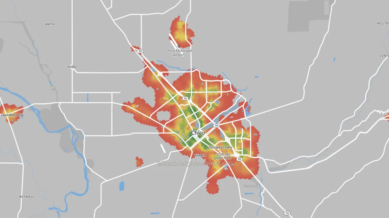 Walk Grade map of Chico, CA, walkable areas in green and car-dependent areas in red