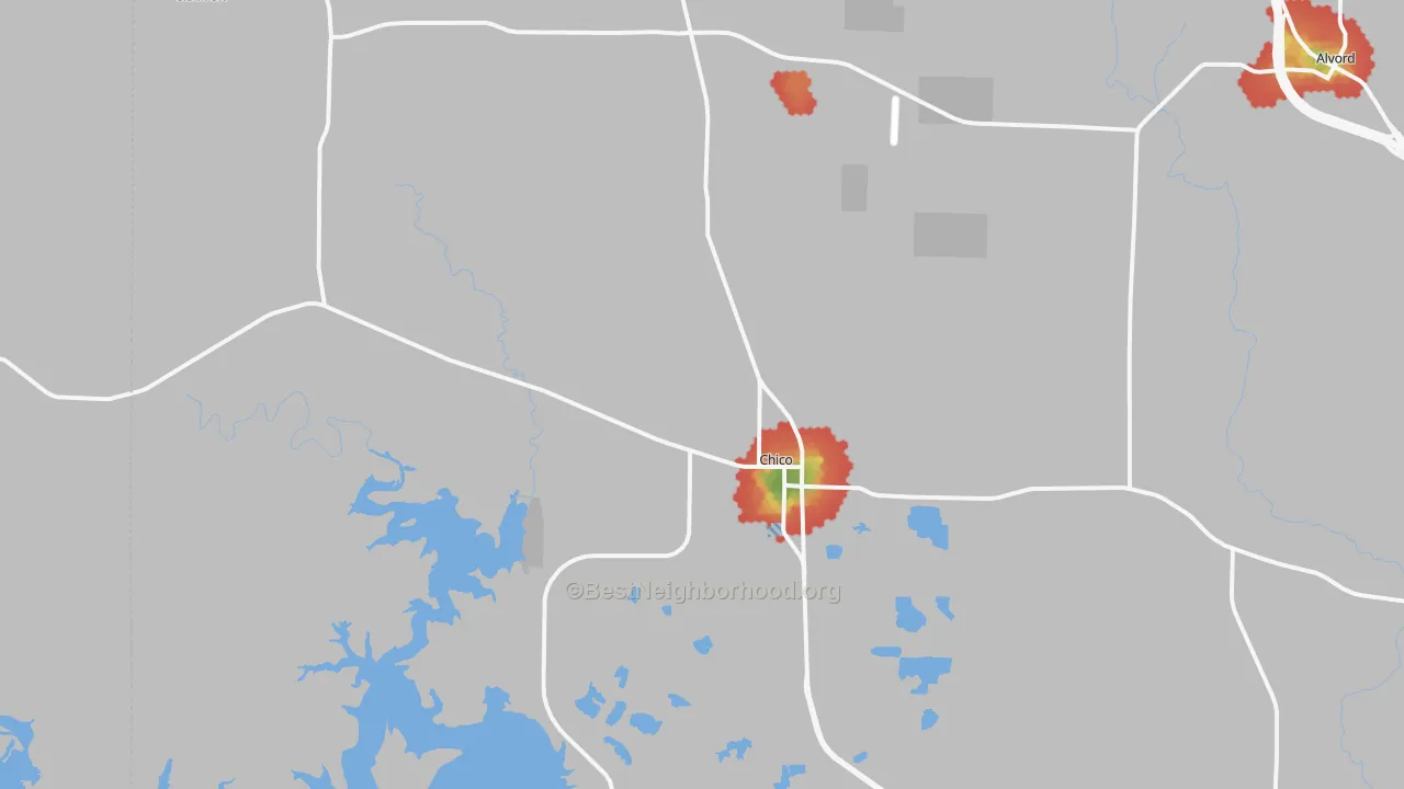 Walk Grade map of Chico, TX, walkable areas in green and car-dependent areas in red