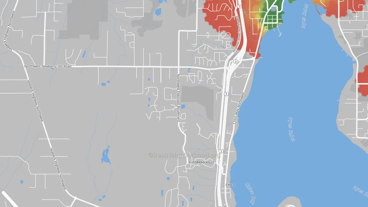 Walk Grade map of Chico, WA, walkable areas in green and car-dependent areas in red
