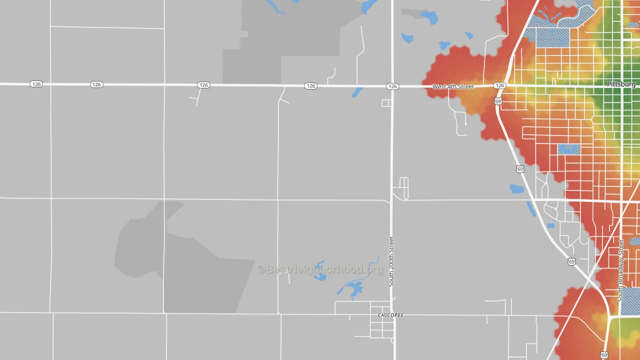Walk Grade map of Chicopee, KS, walkable areas in green and car-dependent areas in red
