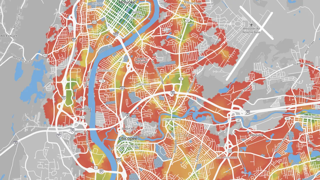 Walk Grade map of Chicopee, MA, walkable areas in green and car-dependent areas in red