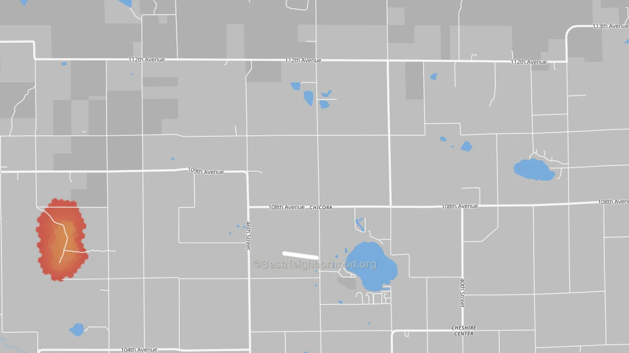 Walk Grade map of Chicora, MI, walkable areas in green and car-dependent areas in red