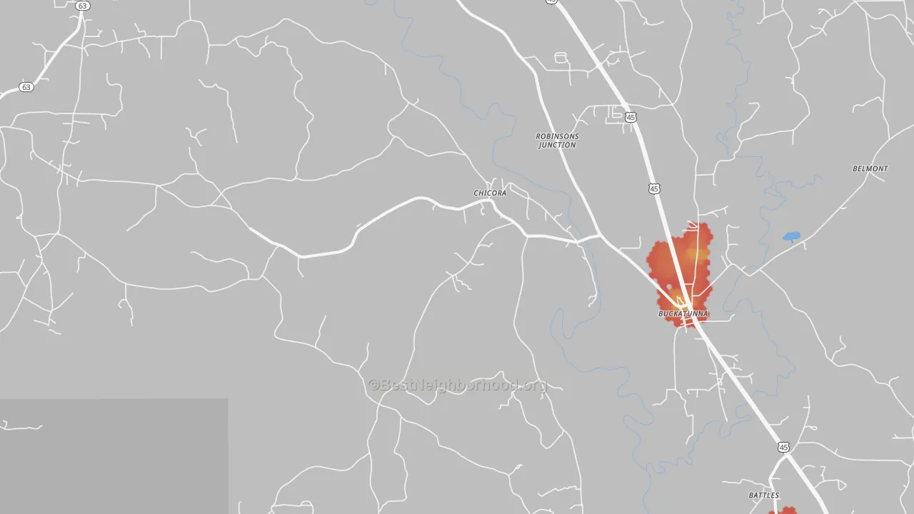 Walk Grade map of Chicora, MS, walkable areas in green and car-dependent areas in red