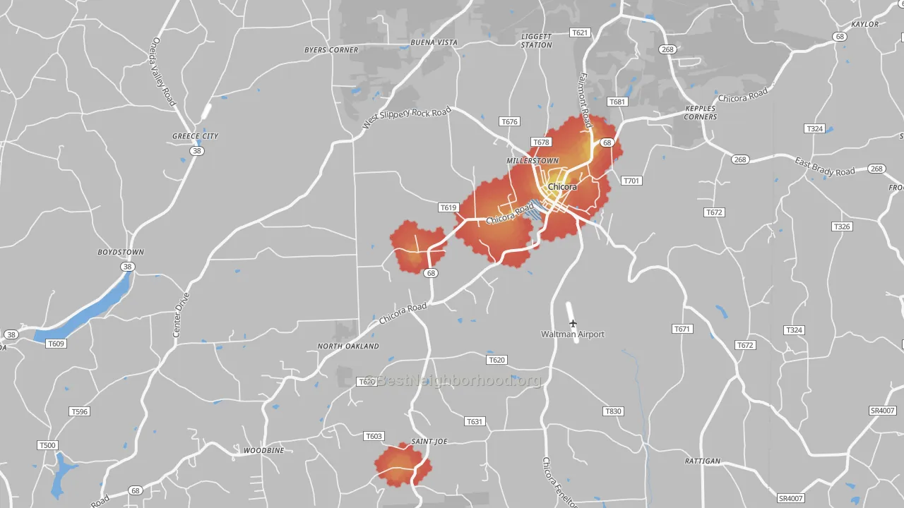 Walk Grade map of Chicora, PA, walkable areas in green and car-dependent areas in red