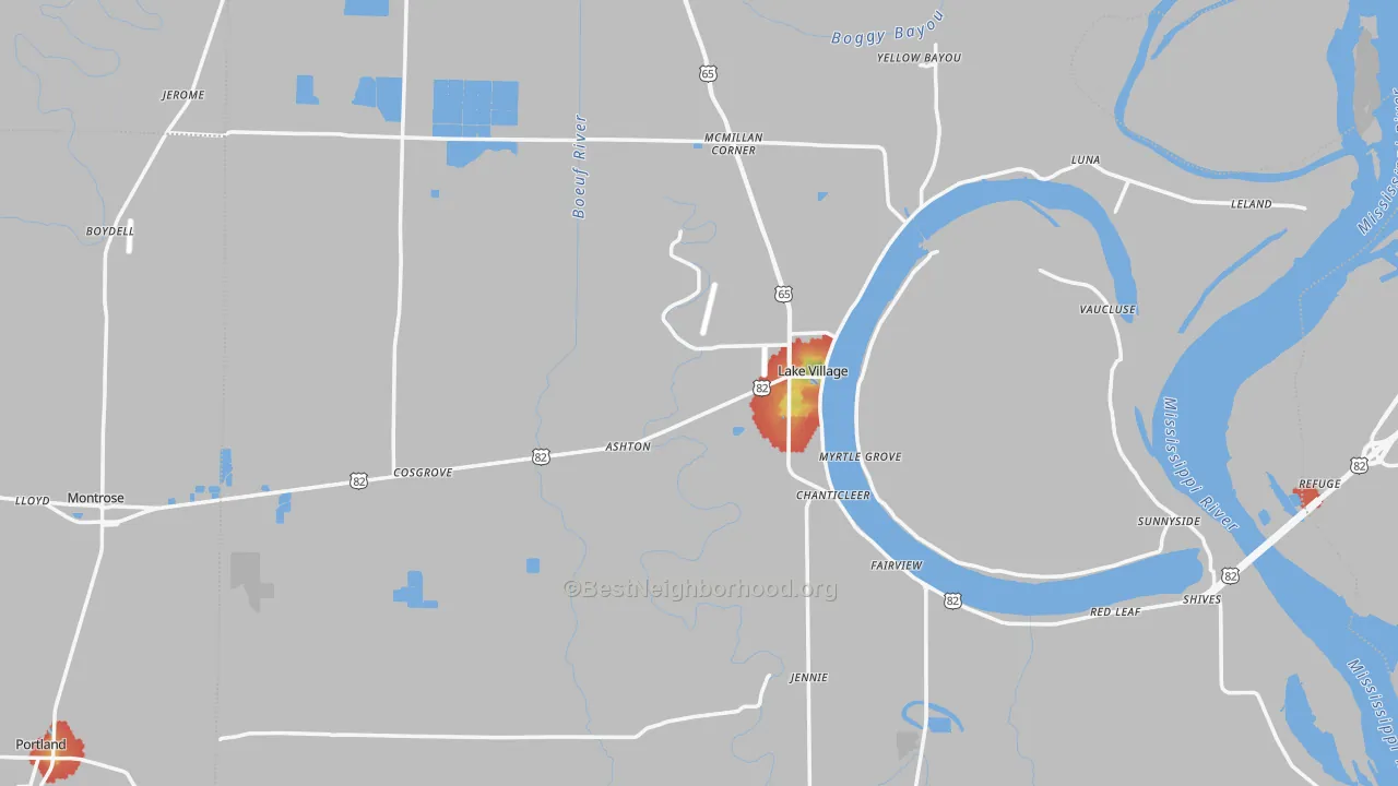 Walk Grade map of Chicot County, AR, walkable areas in green and car-dependent areas in red