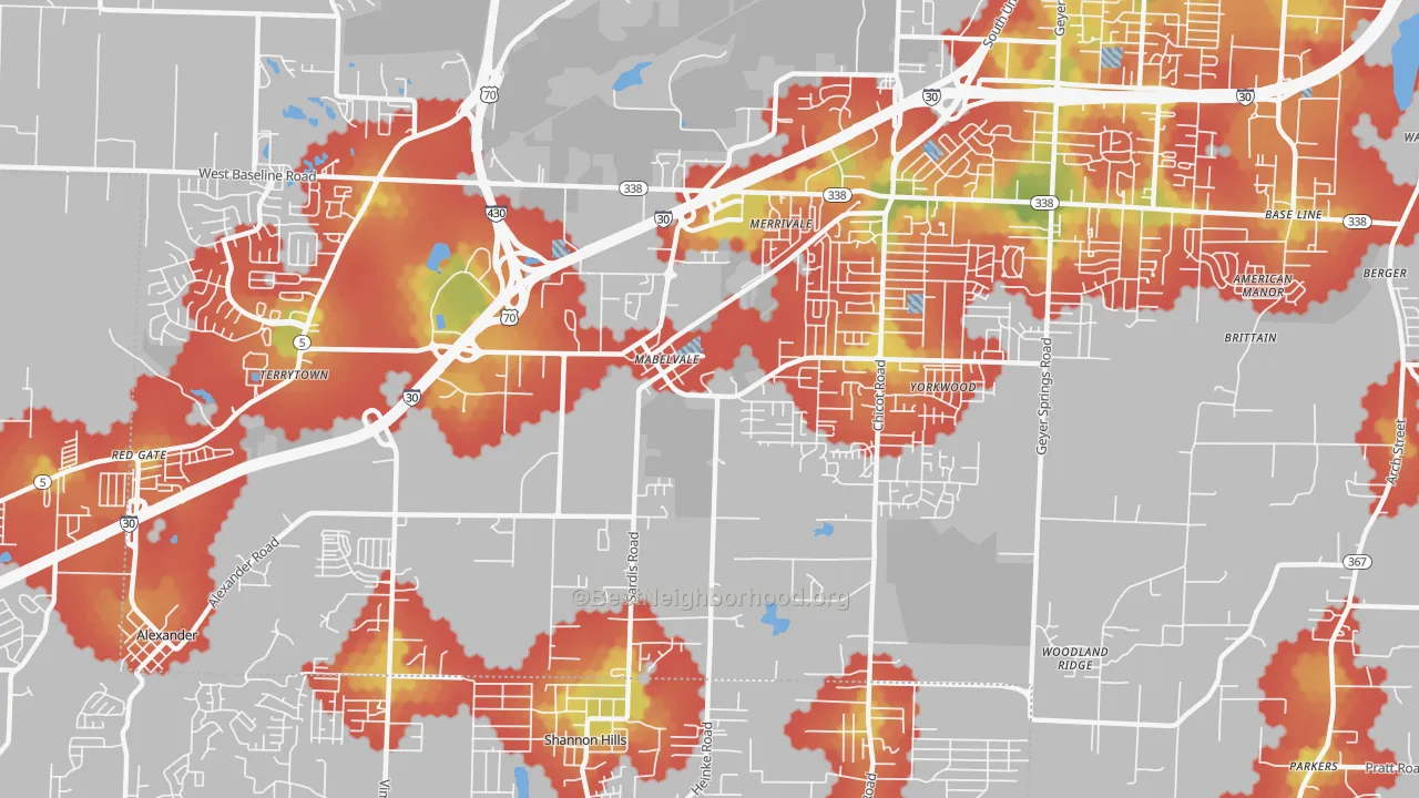 Walk Grade map of Chicot West, Little Rock, AR, walkable areas in green and car-dependent areas in red