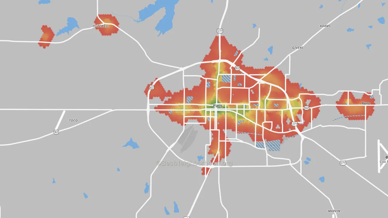 Walk Grade map of Chicota, TX, walkable areas in green and car-dependent areas in red