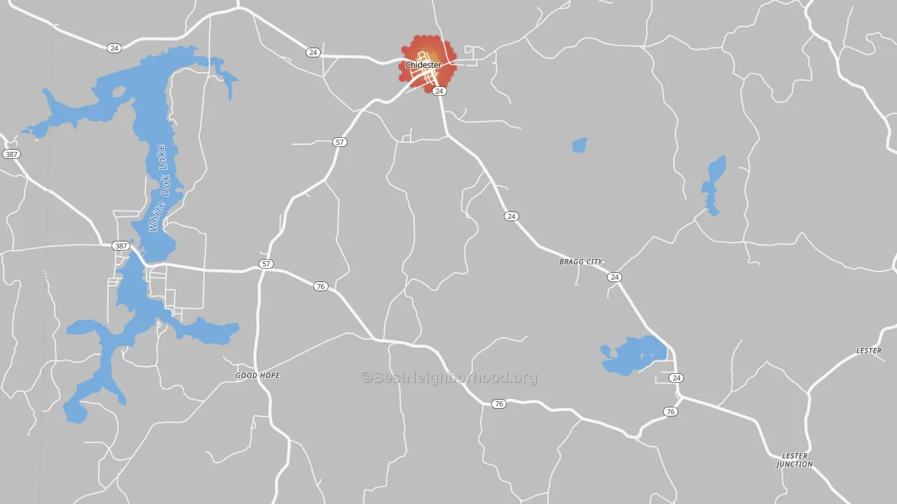 Walk Grade map of Chidester, AR, walkable areas in green and car-dependent areas in red