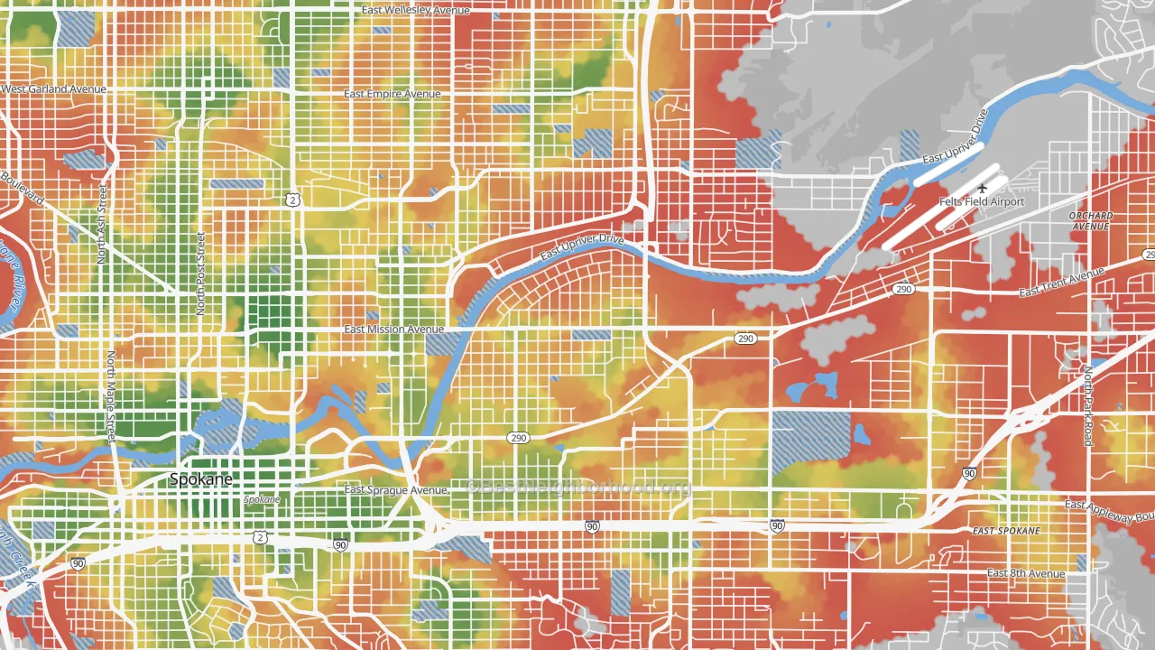 Walk Grade map of Chief Garry Park, Spokane, WA, walkable areas in green and car-dependent areas in red