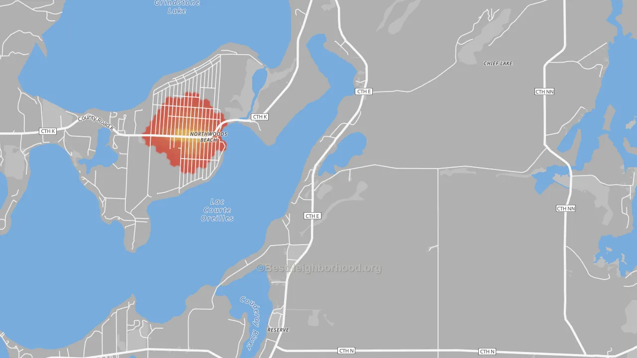 Walk Grade map of Chief Lake, WI, walkable areas in green and car-dependent areas in red