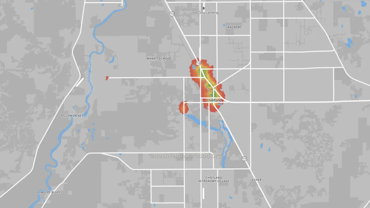 Walk Grade map of Chiefland, FL, walkable areas in green and car-dependent areas in red