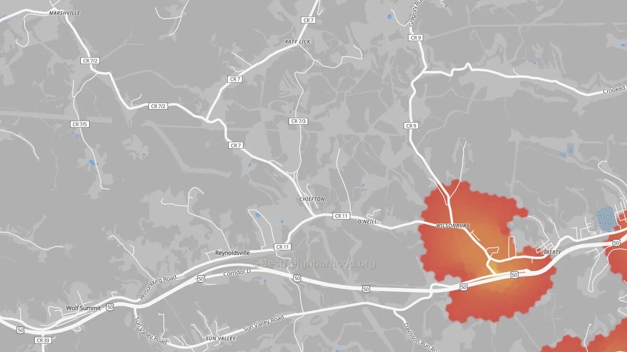 Walk Grade map of Chiefton, WV, walkable areas in green and car-dependent areas in red