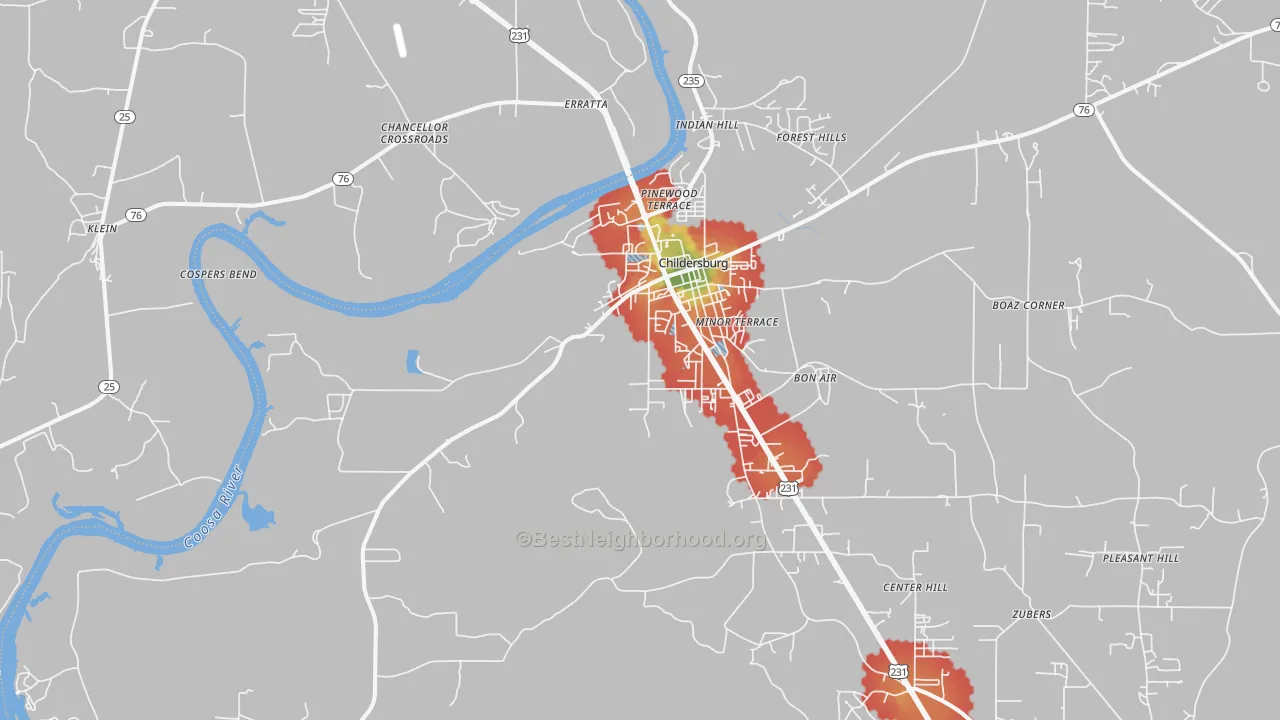 Walk Grade map of Childersburg, AL, walkable areas in green and car-dependent areas in red