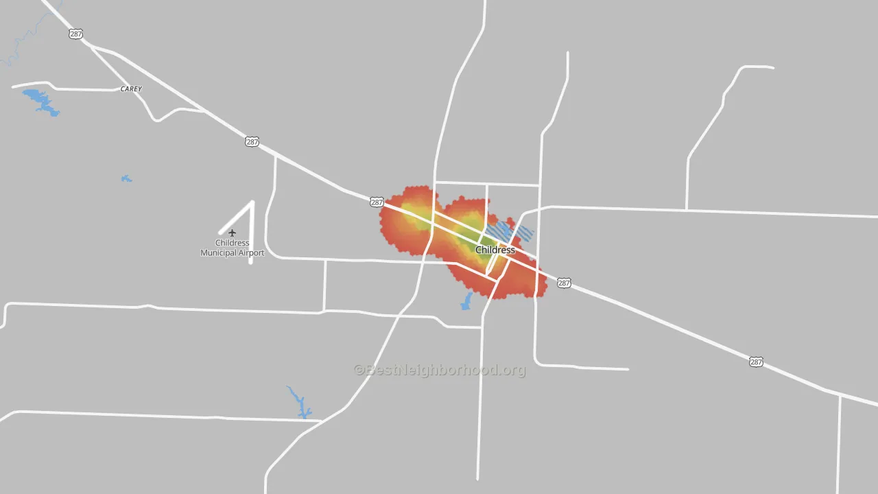 Walk Grade map of Childress County, TX, walkable areas in green and car-dependent areas in red