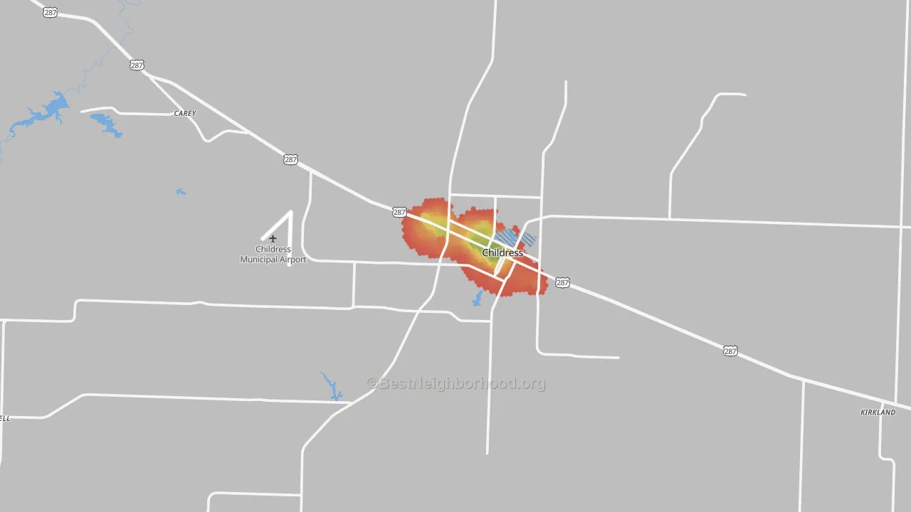Walk Grade map of Childress, TX, walkable areas in green and car-dependent areas in red