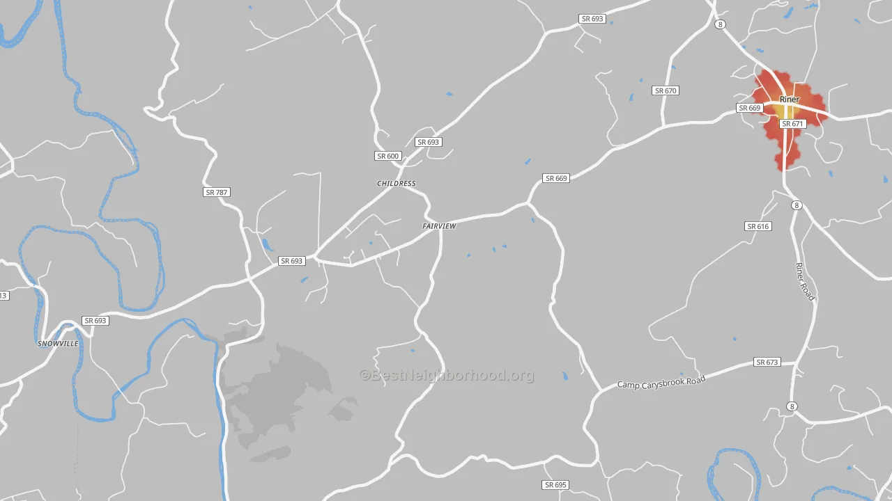 Walk Grade map of Childress, VA, walkable areas in green and car-dependent areas in red
