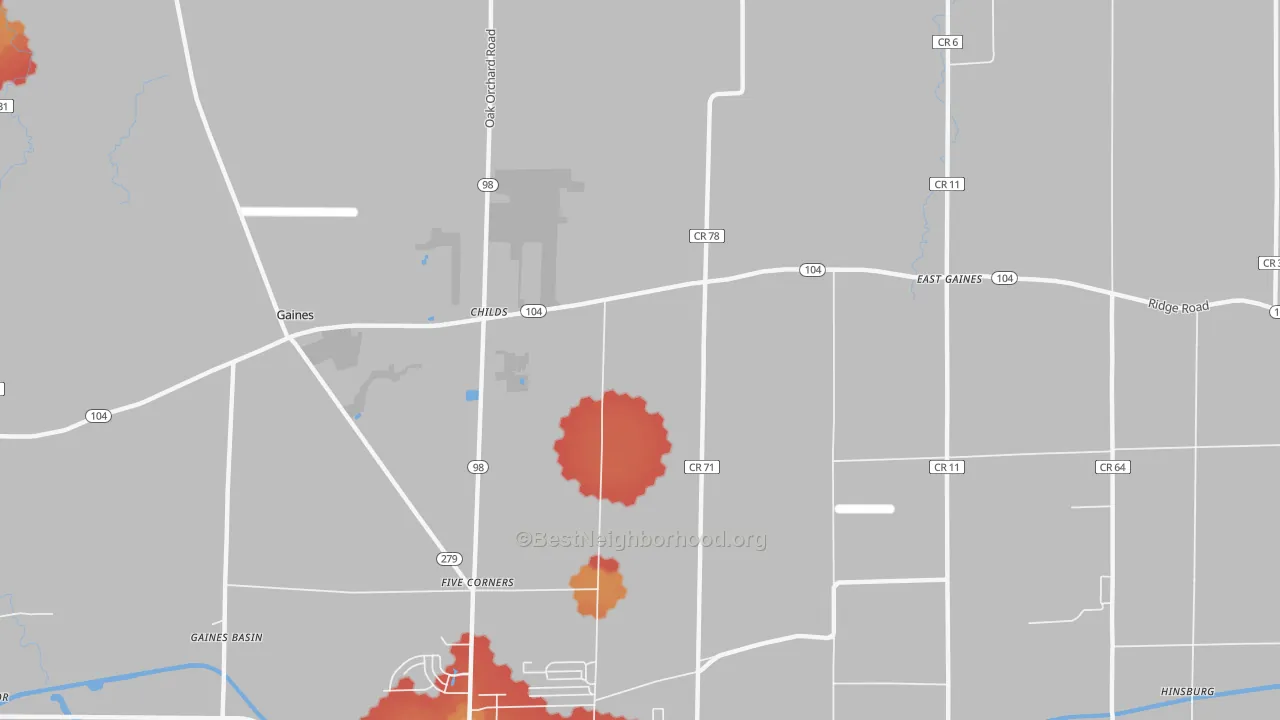 Walk Grade map of Childs, NY, walkable areas in green and car-dependent areas in red