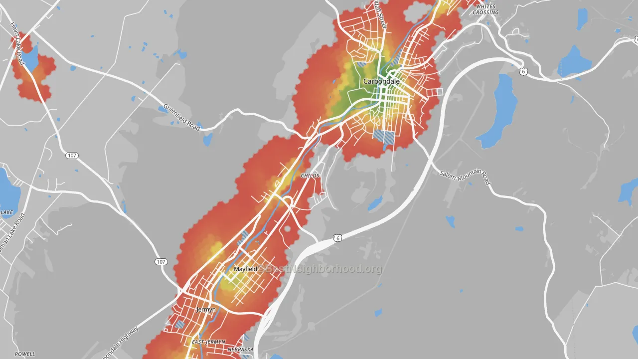 Walk Grade map of Childs, PA, walkable areas in green and car-dependent areas in red