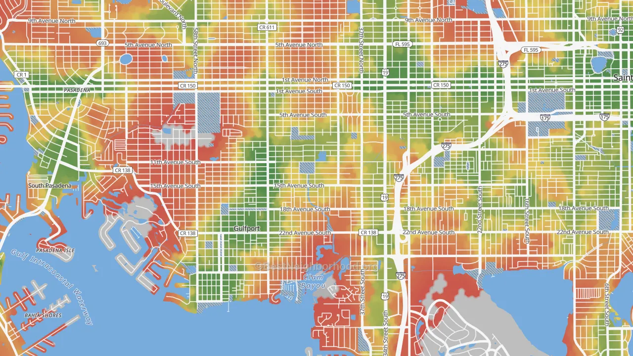 Walk Grade map of Childs Park, St. Petersburg, FL, walkable areas in green and car-dependent areas in red