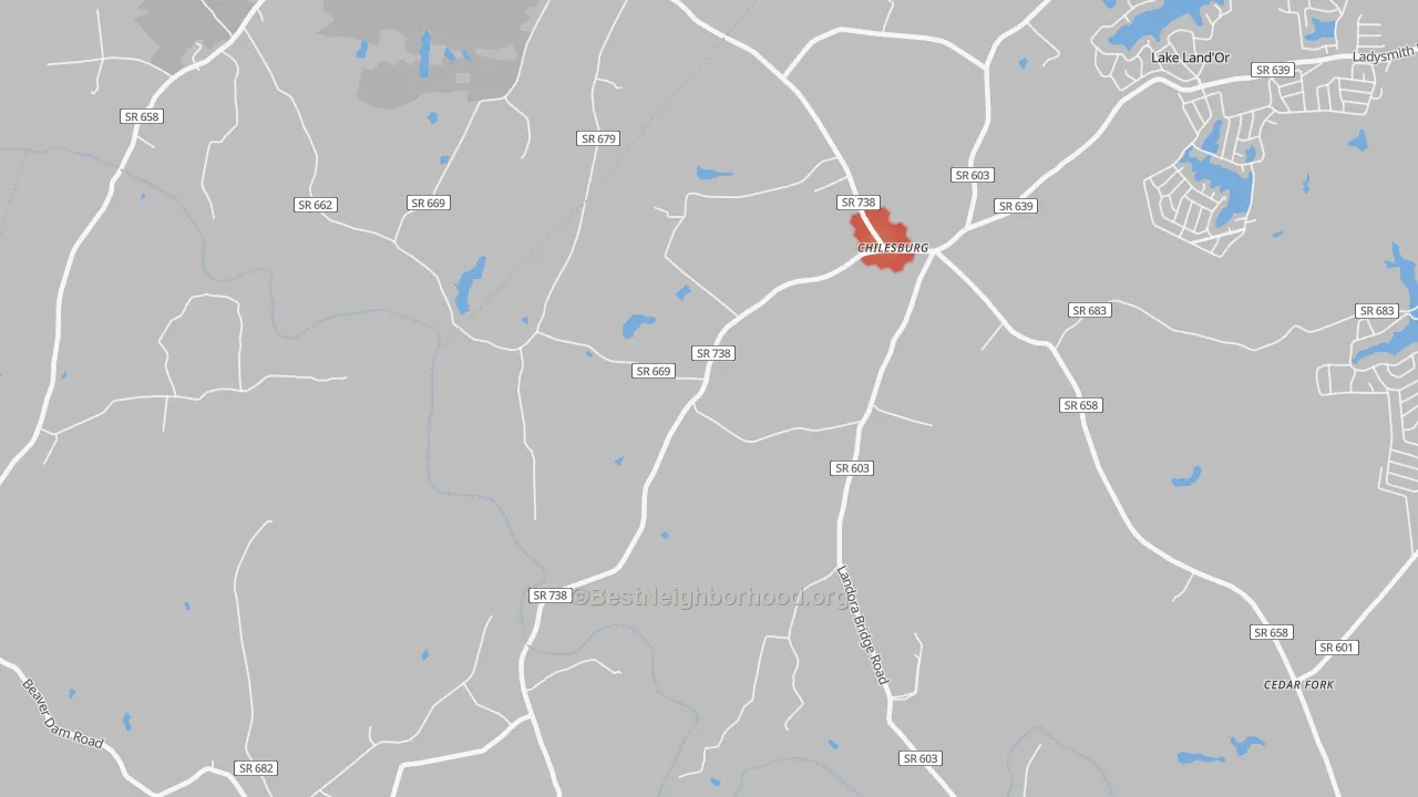 Walk Grade map of Chilesburg, VA, walkable areas in green and car-dependent areas in red