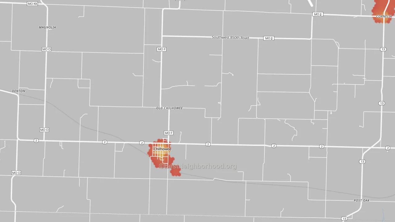 Walk Grade map of Chilhowee, MO, walkable areas in green and car-dependent areas in red
