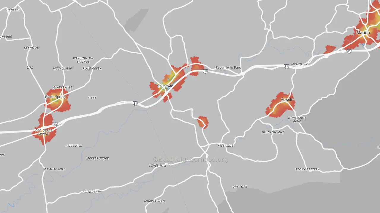 Walk Grade map of Chilhowie, VA, walkable areas in green and car-dependent areas in red