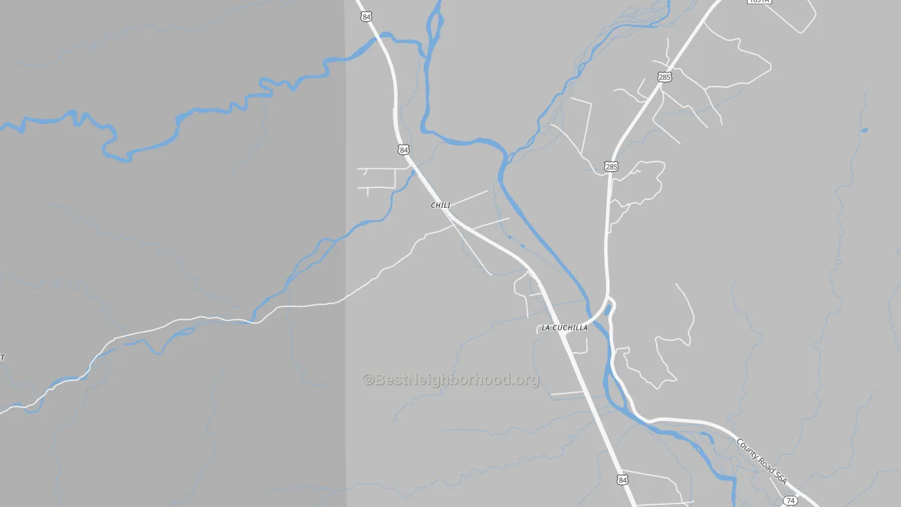 Walk Grade map of Chili, NM, walkable areas in green and car-dependent areas in red