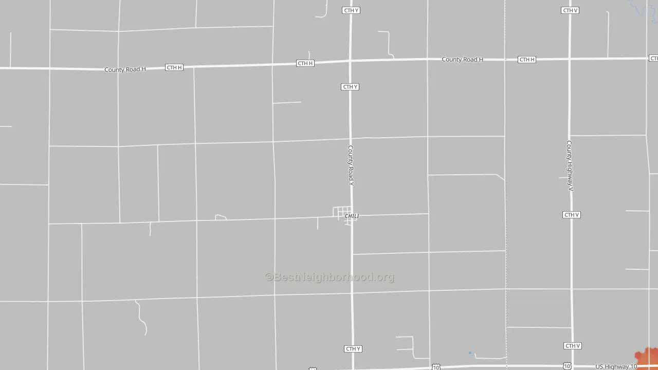Walk Grade map of Chili, WI, walkable areas in green and car-dependent areas in red