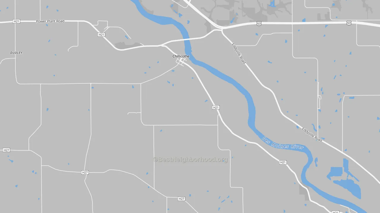 Walk Grade map of Chillicothe, IA, walkable areas in green and car-dependent areas in red
