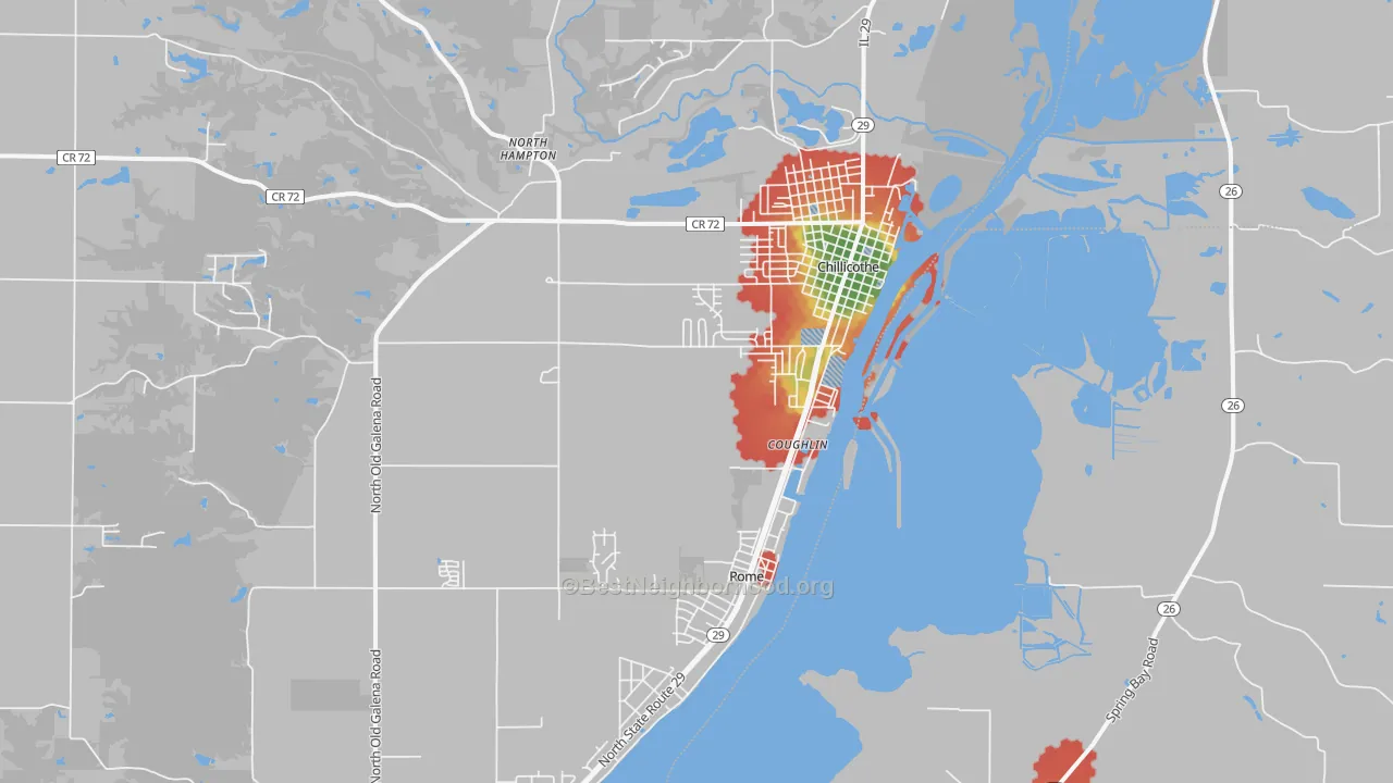 Walk Grade map of Chillicothe, IL, walkable areas in green and car-dependent areas in red