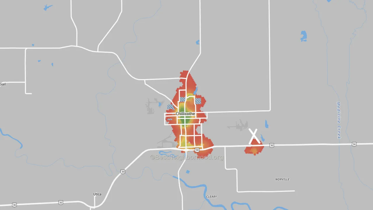Walk Grade map of Chillicothe, MO, walkable areas in green and car-dependent areas in red