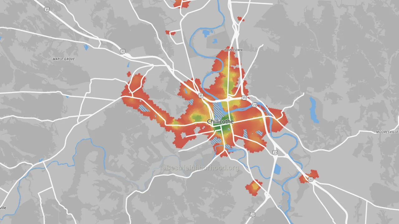 Walk Grade map of Chillicothe, OH, walkable areas in green and car-dependent areas in red