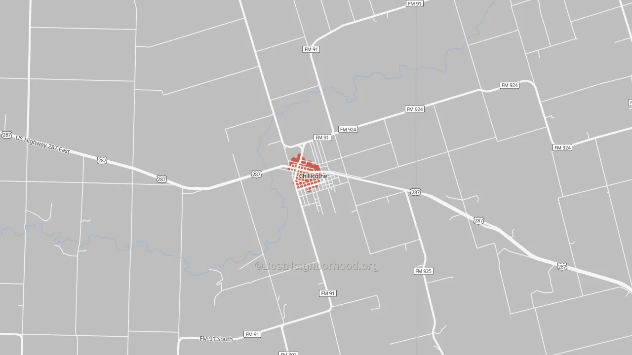 Walk Grade map of Chillicothe, TX, walkable areas in green and car-dependent areas in red