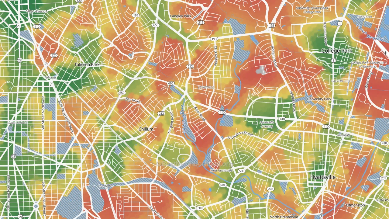 Walk Grade map of Chillum, MD, walkable areas in green and car-dependent areas in red