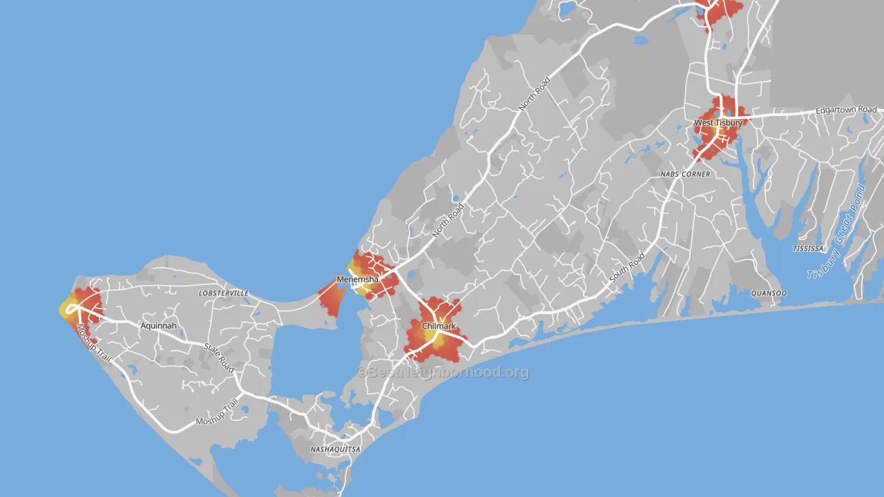 Walk Grade map of Chilmark, MA, walkable areas in green and car-dependent areas in red