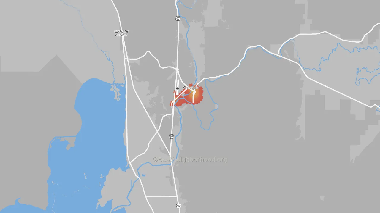 Walk Grade map of Chiloquin, OR, walkable areas in green and car-dependent areas in red