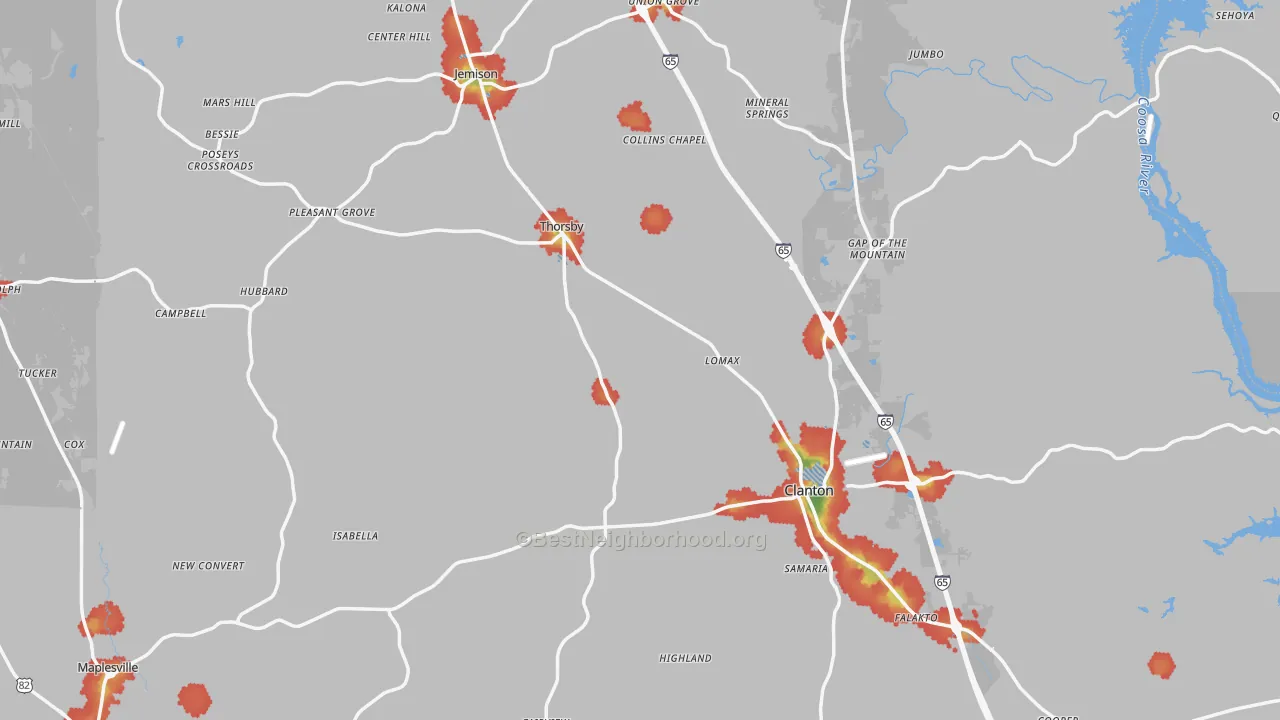 Walk Grade map of Chilton County, AL, walkable areas in green and car-dependent areas in red