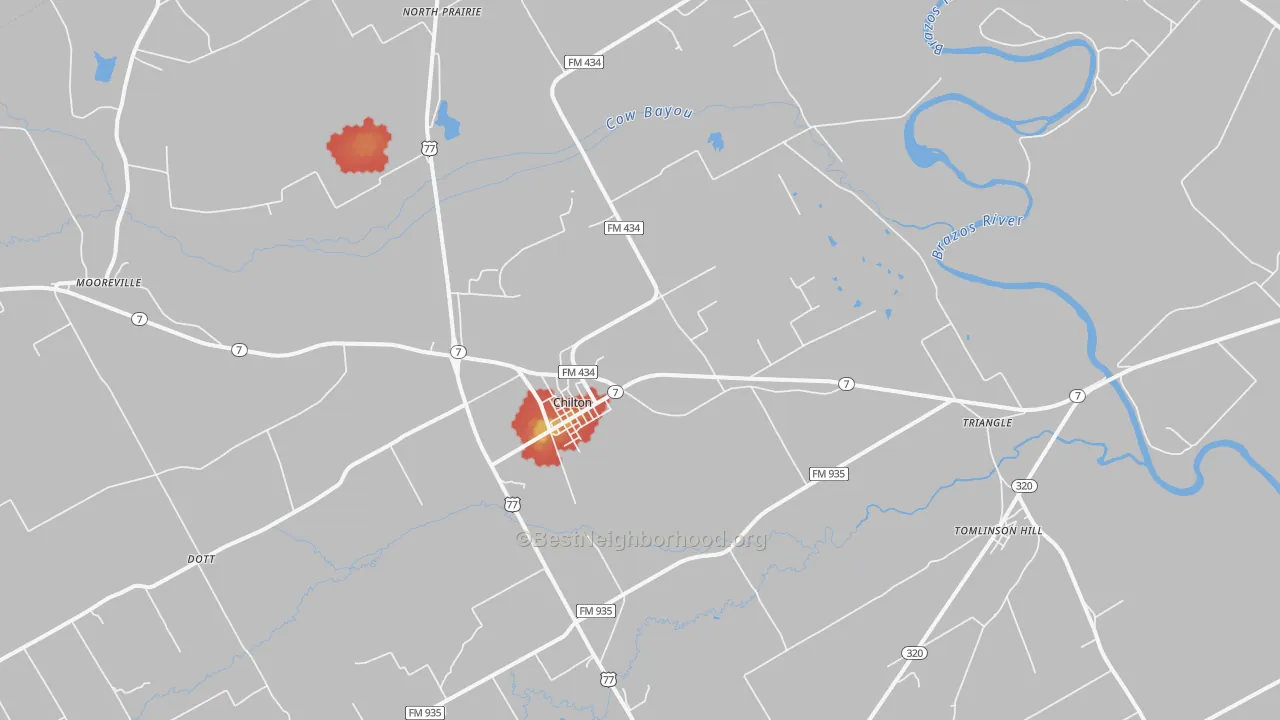 Walk Grade map of Chilton, TX, walkable areas in green and car-dependent areas in red
