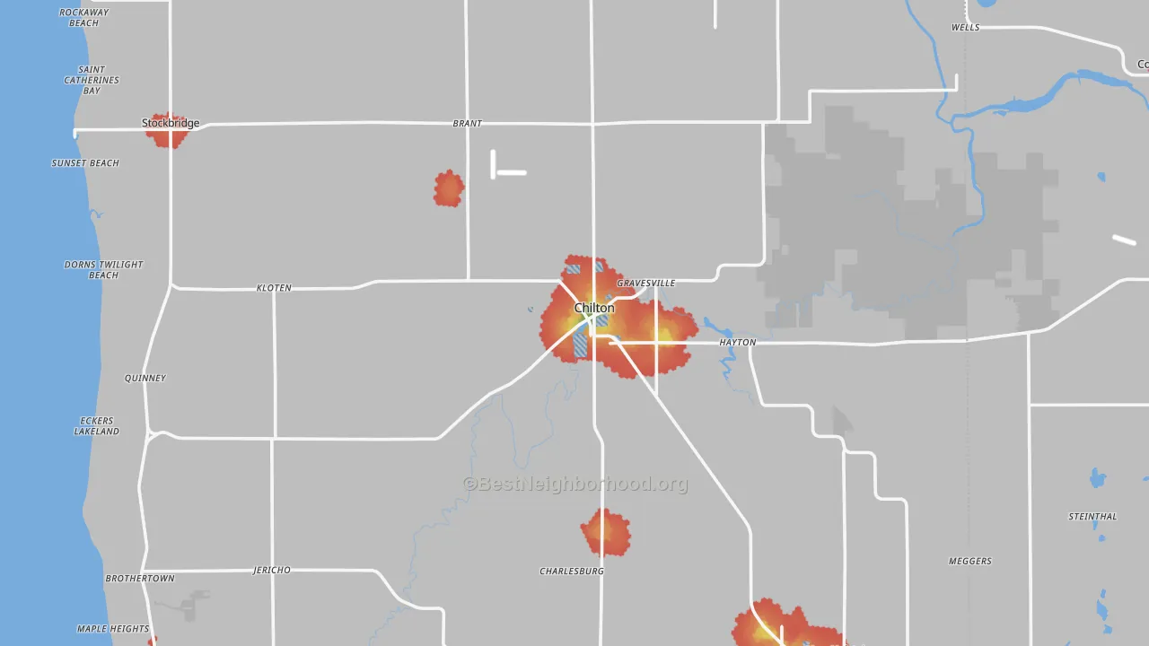 Walk Grade map of Chilton, WI, walkable areas in green and car-dependent areas in red