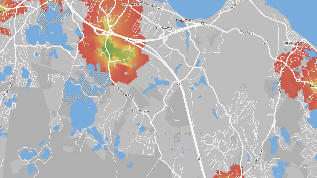 Walk Grade map of Chiltonville, MA, walkable areas in green and car-dependent areas in red