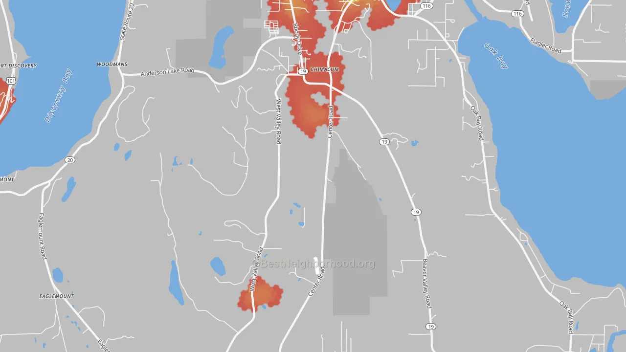 Walk Grade map of Chimacum, WA, walkable areas in green and car-dependent areas in red