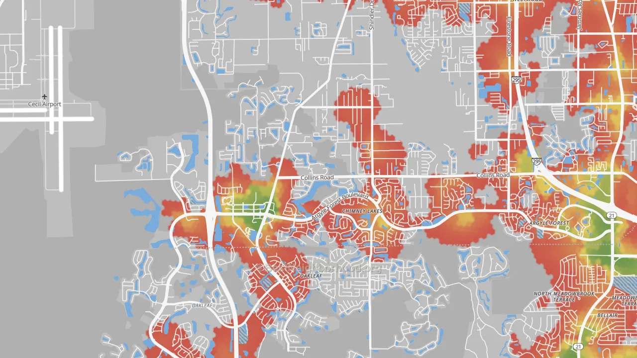 Walk Grade map of Chimney Lakes, Jacksonville, FL, walkable areas in green and car-dependent areas in red