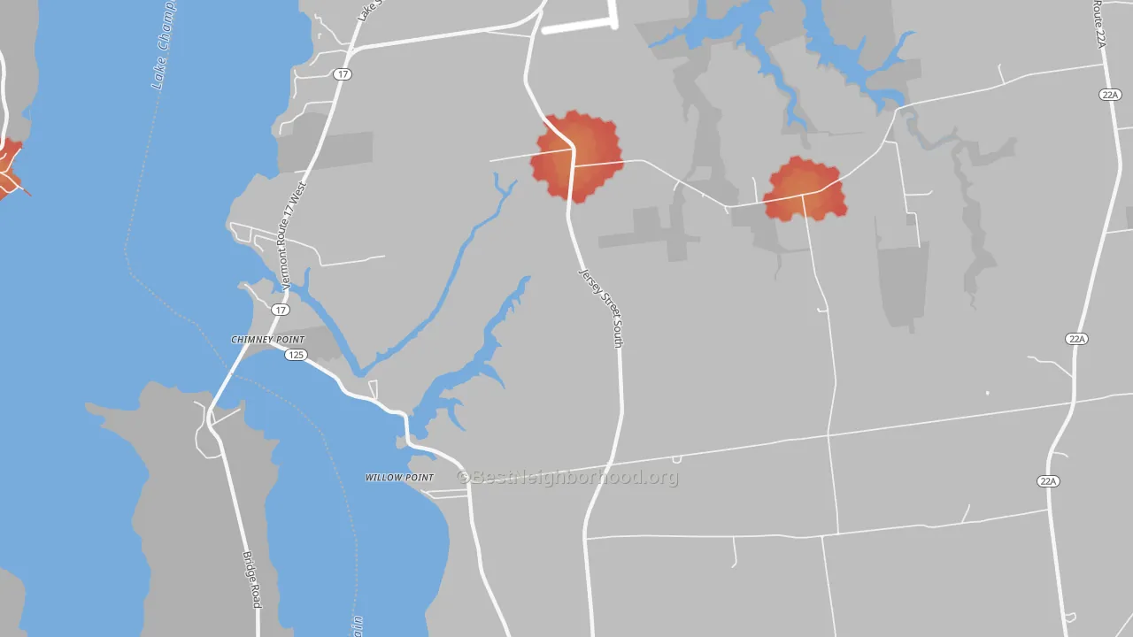 Walk Grade map of Chimney Point, VT, walkable areas in green and car-dependent areas in red