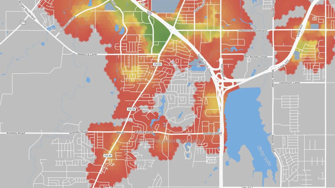 Walk Grade map of Chimney Rock Area, Abilene, TX, walkable areas in green and car-dependent areas in red