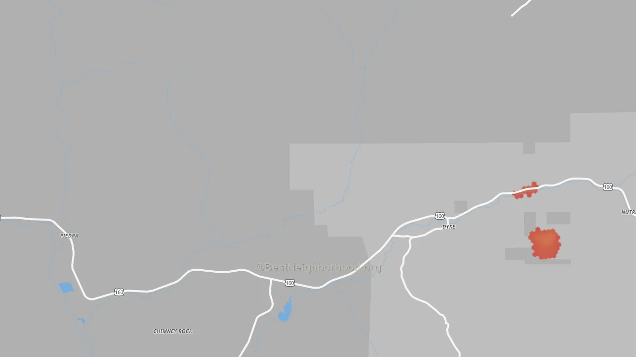 Walk Grade map of Chimney Rock, CO, walkable areas in green and car-dependent areas in red